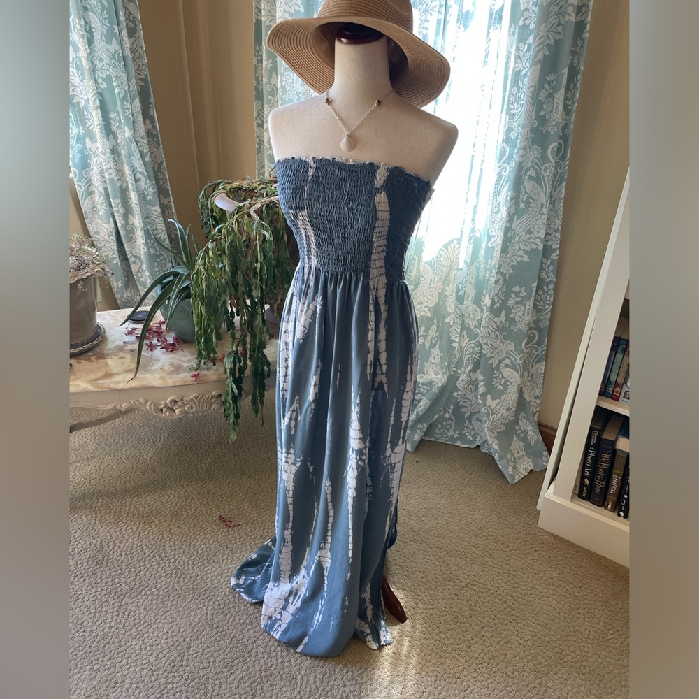 boho coastal blue tie dye strapless smocked rayon maxi dress